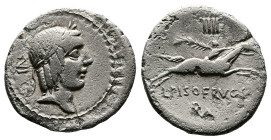 L. Calpurnius Piso Frugi, 90 BC. Denarius (19mm, 3,49 g.), Rome. Laureate head of Apollo to right; behind, VI. Rev. L PISO FRVGI / RA Horseman gallopi...