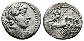 C. Vibius C.f. Pansa, 90 BC. AR Denarius (18,5mm, 4,01 g.), Rome mint. PANSA Laureate head of Apollo to right; below chin, [control mark]. Rev. C•VIBI...