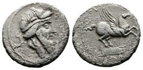 Q. Titius, 90 BC. AR Denarius (19mm, 3,64 g). Rome. Bearded head of Mutinus Titinus right, wearing winged diadem, lock of hair falling down neck. Rev....