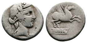 Q. Titius, 90 BC. AR denarius (17mm, 3,66 g.). Rome. Youthful head of Bacchus right, wreathed with ivy wreath. Rev. Pegasus springing right on tablet ...