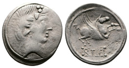 Q. Titius. Contemporary imitation Republican AR Denarius (18,7 mm, 3,77 g.) 1st. Century BC. Wreathed head of Bacchus right. Rev. Q TITI. Pegasus leap...