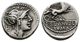 D Junius Silanus, 91 BC. AR Denarius (17mm, 3,94 g). Rome. Helmeted head of Roma right, control letter K behind head.. Rev. Victory driving galloping ...