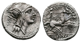 D Junius Silanus, 91 BC. AR Denarius (17mm, 3,80 g). Rome. Helmeted head of Roma right, control letter F behind head.. Rev. Victory driving galloping ...