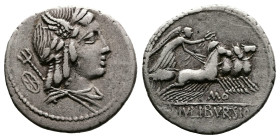 L. Julius Bursio, 85 BC. AR Denarius (20mm, 3,76 g.), Rome. Laureate, winged, and draped bust of Apollo Vejovis to right; behind, trident and wheel. R...