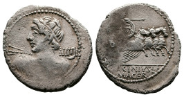 C. Licinius L.f. Macer, 84 BC. AR Denarius (22 mm. 3,51 g.). Rome. Diademed bust of Vejovis left, holding thunderbolt, seen from the back. Rev. Minerv...