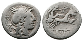 L. Rutilius Flaccus, 77 BC. AR Denarius (19mm, 3,51 g.), Rome mint. FLAC Helmeted head of Roma to right. Rev. L•RVTILI Victory driving biga to right, ...