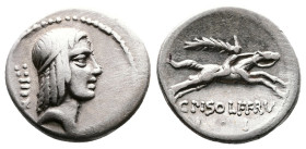 L. Calpurnius Piso Frugi, 67 BC. Denarius (18 mm, 3,76 g.), Rome. Laureate head of Apollo to right; behind, XIII :: . Rev. C PISO•L•F FRVG and I•I bel...