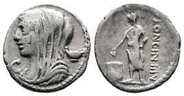 L. Cassius Longinus. 63 BC. AR Denarius ( 19mm, 3,73 g.) Diademed and veiled head of Vesta left., below chin, L. In r. field, kylix. Rev. LONGIN·III·V...