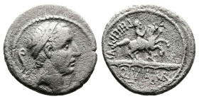 L. Marcius Philippus 56 BC. AR Denarius ( 18 mm, 3,48 g.) ANCVS, Head of Ancus Marcus to right, wearing diadem; behind, lituus / PHILIPPVS Equestrian ...