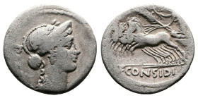 C. Considius Paetus. 46 BC. AR Denarius ( 18mm, 2,73 g.) Rome. PAETI. Laureate and diademed head of Venus right. Rev. C CONSIDI. Victory driving quadr...