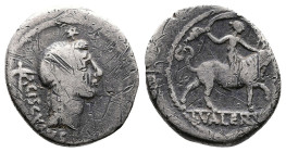 L. Valerius Acisculus 45 BC AR Denarius (18,5mm, 3,36 g.) Rome, ACISCVLVS, diademed head of Apollo Soranus right, acisculus behind, star above. Rev. E...