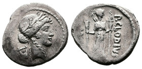 P. Clodius M.f. Turrinus, 42 BC. AR Denarius ( 19mm, 3,49 g.), Rome. Laureate head of Apollo to right; behind, lyre. Rev. P•CLODIVS M•F• Diana standin...