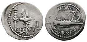 Marc Antony Legionary AR Denarius (20 mm, 3,12 g.). Military mint moving with Antony, autumn 32 - spring 31 BC. ANT•AVG III VIR•R•P•C, praetorian gall...