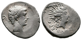 Marc Antony. Mint travelling with Antony in Italy, spring-summer 42 BC. AR Denarius (19mm, 3,64 g.). Bare head of Antony to right; lituus behind. Rev....