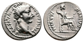 Tiberius, AD 14-37. AR Denarius. (19mm, 3,83 g.). Lyons mint. TI CAESAR DIVI AVG AVGVSTVS, laureate head right. Rev. PONTIF MAXIM, Livia, as Pax, hold...