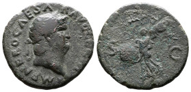 Nero, 54-68 AD. AE As (27 mm, 9,99 g.). Circa 65 AD. NERO CAESAR AVG GERM IMP Laureate head of Nero right. Rev. Victory flying left, holding in both h...