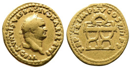 Titus. 79-81 AD. Gold Aureus. (18,3mm. 7,15 g.). AD 80, Rome. IMP TITVS CAES VESPASIAN AVG P M, laureate head right. Rev. TR P IX IMP XV COS VIII P P,...