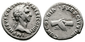 Nerva. 96 - 97 AD. AR Denarius. (18 mm, 3,39 g.). Rome mint. IMP NERVA CAES AVG P M TR P COS II P P, laureate head right. Rev. CONCORDIA EXERCITVVM, c...