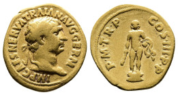 Trajan. 98 - 117 AD. Gold Aureus. (20 mm, 7,00 g.). Rome mint, struck 100 AD. IMP CAES NERVA TRAIAN AVG GERM, laureate head right. Rev. P M TR P COS I...