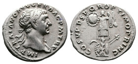 Trajan. 98 - 117 AD. AR Denarius (19 mm, 3,13 g.). Rome mint, struck 107 AD. IMP TRAIANO AVG GER DAC PM TRP, laureate head right with slight drapery o...