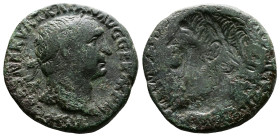 Trajan. 98 - 117 AD. AE As. (26 mm, 11,20 g.). Rome mint. IMP CAES NERVA TRAIAN AVG GERM PP, laureate head right. Rev. Βrockage with head of Trajan in...