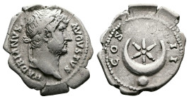 Hadrian. 117 - 138 AD. AR Denarius. Rome mint, struck 124-127 AD. HADRIANVS AVGVSTVS, laureate head right. Rev. COS III, star within crescent, globe b...