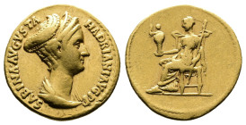 Sabina. 128 - 137 AD. Gold Aureus (19 mm, 6,77 g.). Rome mint, struck 128-129 AD. SABINA AVGVSTA HADRIANI AVG P P, draped bust right, hair elaborately...