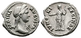 Sabina. 128 - 137 AD. AR Denarius. (18 mm, 3,41 g.) Rome mint, struck 137 AD. SABINA AVGVSTA, draped bust of Sabina right, wearing stephane, hair in a...