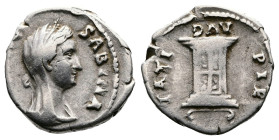 Sabina. 128 - 137 AD. AR Denarius. (17 mm, 3,17 g.). Rome mint, posthumous issue, struck after 137 AD. DIVA AVG SABINA, veiled head right, wreathed wi...