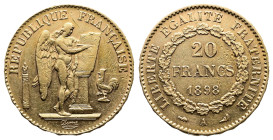 3rd. Republic. 20 Francs Gold (21,2mm. 6,45g.) 1898 A.Paris. 592, KM 825. Final date of this type. About good very fine.