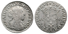 Dombes (Principality). Anna Maria Luisa d'Orléans AR Luigino or 1/12 Écu. (21mm, 2,08 g.). Trevoux mint, 1665-A. AN MA LOV PRINC SOVV DE DOM, draped b...