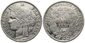 Second Republic, AR-5 Francs (g.). Paris mint, 1851-A. REPUBLIQUE * FRANÇAISE. Wreathed head of Ceres to left, star above, E.A. OUDINE. F. (Eugène-And...