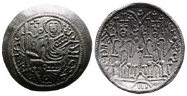 Béla III, 1172-1196. AE Scyphate Rézpénz (27mm, 3,25 g.). SANCTA MARIA, the Virgin seated facing, holding sceptre and infant Christ; crosses across up...