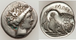 GAUL. Cisalpine. Uncertain mint. Ca. 200 BC. AR drachm (16mm, 3.42 gm, 6h). VF. Fine Style. Types Imitating Massalia. Female head right / ΜΑΣΣΑ, lion ...