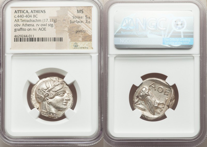 ATTICA. Athens. Ca. 440-404 BC. AR tetradrachm (25mm, 17.17 gm, 10h). NGC MS 5/5...