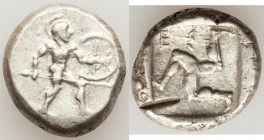 PAMPHYLIA. Aspendus. Ca. mid-5th century BC. AR stater (20mm, 10.84 gm). About XF, test cut. Helmeted hoplite advancing right, spear forward in right ...