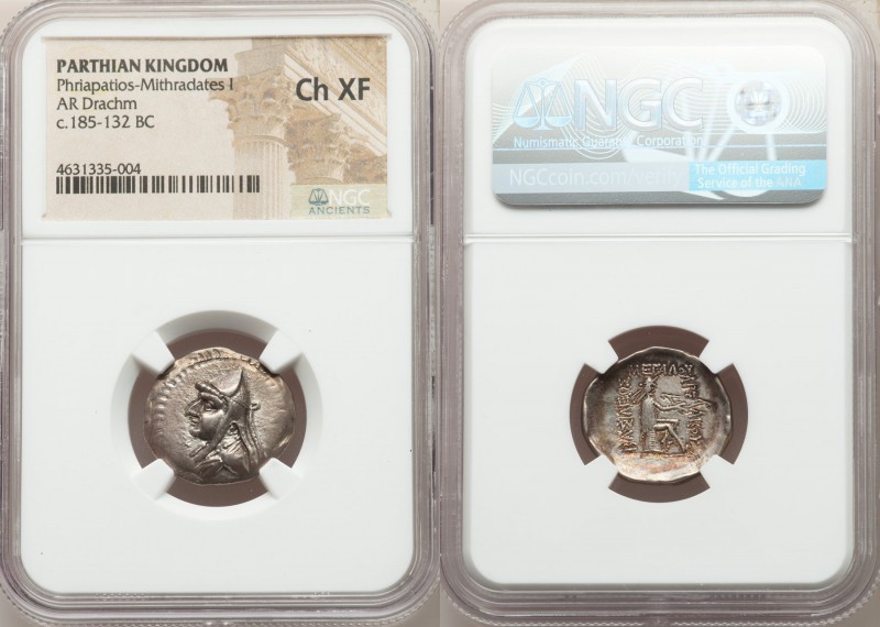 PARTHIAN KINGDOM. Mithradates I (164-132 BC). AR drachm (21mm, 12h). NGC Choice ...