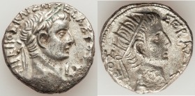 EGYPT. Tiberius (AD 14-37) with Divus Augustus. AR tetradrachm (25mm, 12.97 gm, 12h). XF. Alexandria, dated Regnal Year 7 (AD 20-21). Laureate head of...