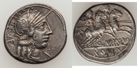 Q. Minucius Rufus (122 BC). AR denarius (19mm, 3.87 gm, 3h). VF, edge filed. Rome. RVF, head of Roma right in winged helmet decorated with griffin cre...