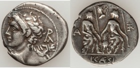 Lucius Caesius (112/1 BC). AR denarius (20mm, 3.82 gm, 6h). VF. Rome. Bust of Vejovis left, hurling thunderbolt, viewed from behind, monogram behind /...