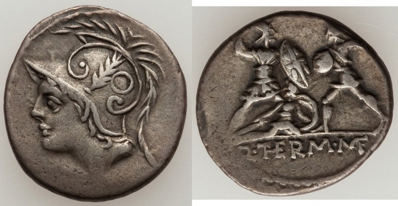 Q. Minucius Thermus M.f. (103 BC). AR denarius (18mm, 3.89 gm, 9h). VF. Helmeted...