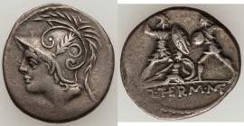 Q. Minucius Thermus M.f. (103 BC). AR denarius (18mm, 3.89 gm, 9h). VF. Helmeted head of Mars left / Q•THERM•MF (THE and MF ligate), Roman soldier str...
