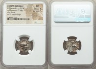D. Silanus L.f. (ca. 91 BC). AR denarius (18mm, 3.94 gm, 3h). NGC MS 5/5 - 4/5. Rome. Head of Roma right, wearing winged helmet decorated with griffin...