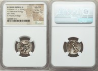 D. Silanus L.f. (ca. 91 BC). AR denarius (19mm, 3.94 gm, 2h). NGC Choice XF 5/5 - 5/5. Rome. Head of Roma right, wearing winged helmet decorated with ...