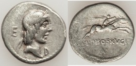 L. Calpurnius Piso Frugi (90 BC). AR denarius (18mm, 3.90 gm, 5h). VF. Rome, 90 BC. Laureate head of Apollo right; E behind, D below chin / Horseman g...