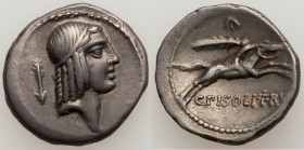 C. Calpurnius Piso L.f. Frugi (67 or 61 BC). AR denarius (18mm, 3.82 gm, 6h). XF, light scratch. Head of Apollo right, hair bound with fillet, arrow d...