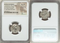 L. Scribonius Libo (ca. 62 BC). AR denarius (19mm, 3.73 gm, 5h). NGC Choice AU 4/5 - 3/5, brushed. Rome. Diademed head of Bonus Eventus right, LIBO (d...