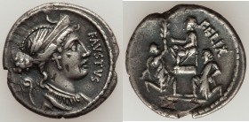Faustus Cornelius Sulla (56 BC). AR denarius (20mm, 3.80 gm, 9h). XF, bankers mark, flan flaw and cracks. Rome. FAVSTVS, diademed and draped bust of D...