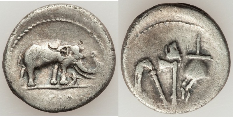 Julius Caesar, as Dictator (49-44 BC). AR denarius (19mm, 3.57 gm, 5h). VF, bank...