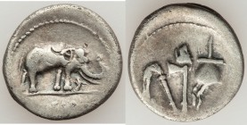 Julius Caesar, as Dictator (49-44 BC). AR denarius (19mm, 3.57 gm, 5h). VF, bankers punches. Military mint traveling with Caesar in northern Italy, 49...